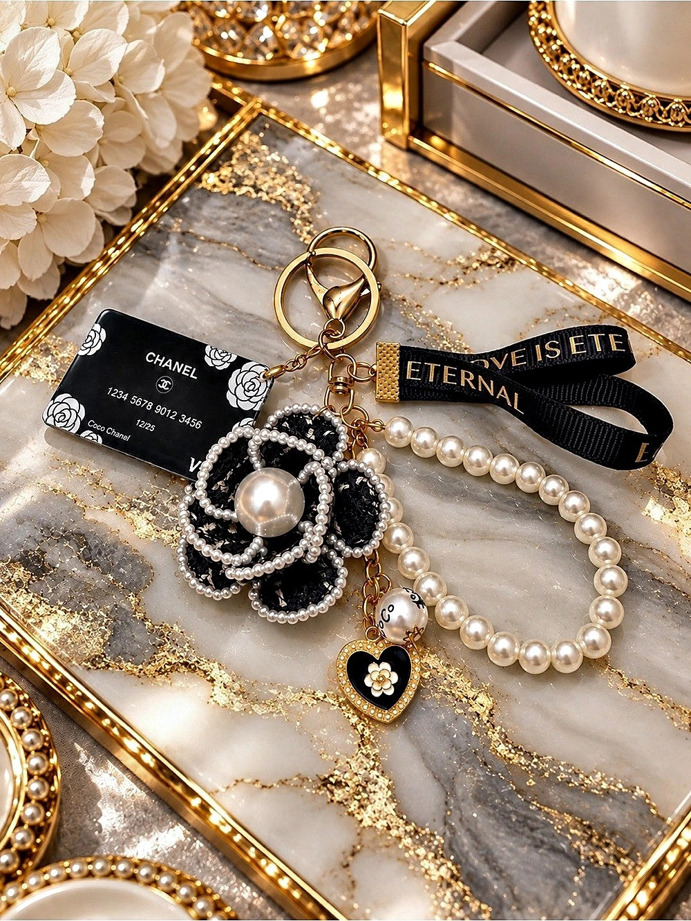 Hand-Assembled Black Pearl Camellia Credit Card Bag Charm Keychain